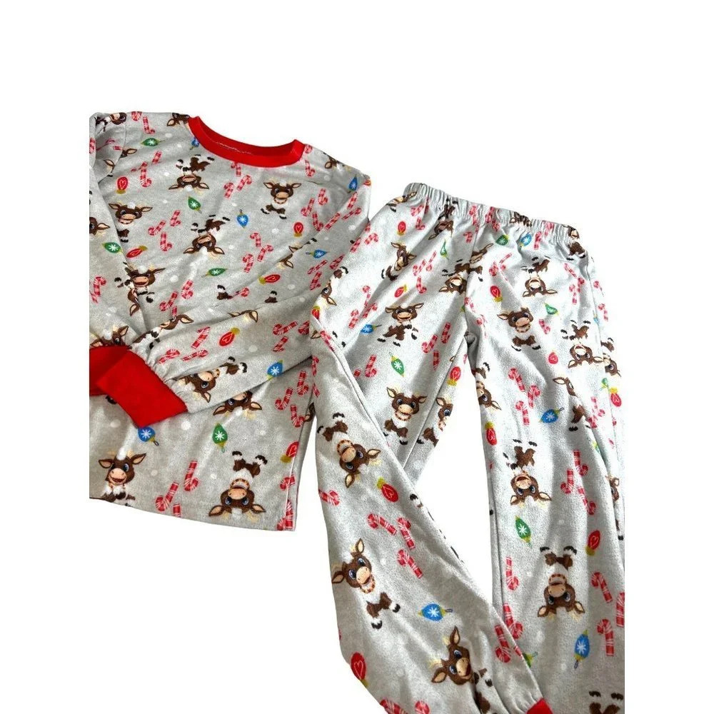 Reindeer in Here Girls Christmas PJS Fleece Gray Multicolored Size 8